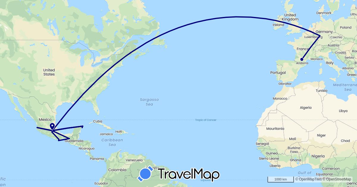 TravelMap itinerary: driving in Germany, France, Mexico (Europe, North America)